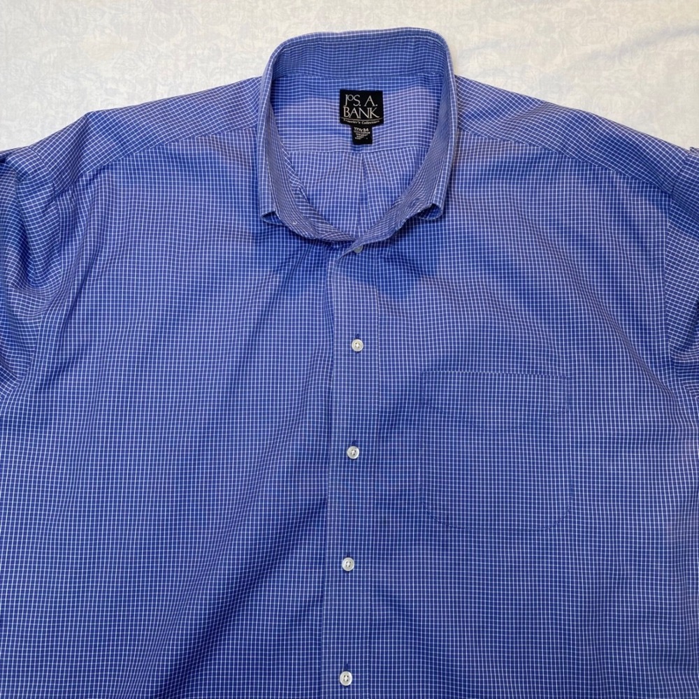 Jos A Bank Traveler Lot 3 Dress Shirts 17.5 34 Blue Check Stripe Cotton - Picture 15 of 16